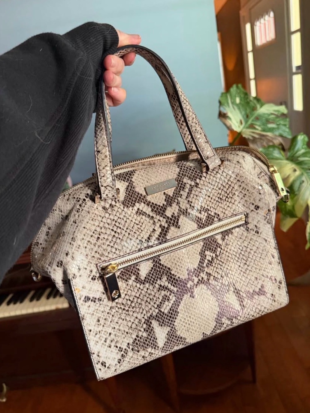 kate spade Snake-Print Satchel Bag - Beige and Brown
